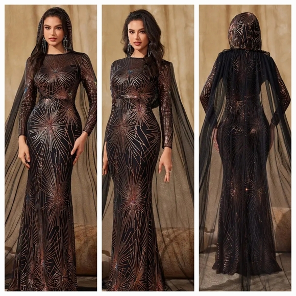 Black Sequin Embellished Gown with Bishop Sleeves - Picture 1 of 16